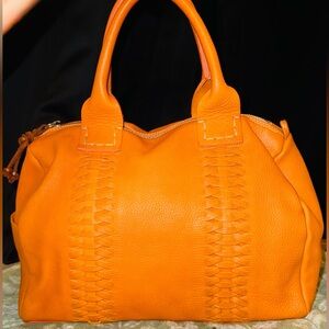 Sofia C. Luxury Italian Leather Woven Style Satchel in Tangerine 14x8x10.5 in